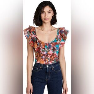 Love The Label Goldie Floral Short Ruffle Sleeve Cotton Crop Top Sz Medium